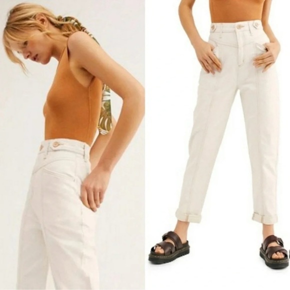 Free People Pants City Of Lights Jeans High Rise Mom Cotton Linen Boho Cream 25 - Picture 1 of 9